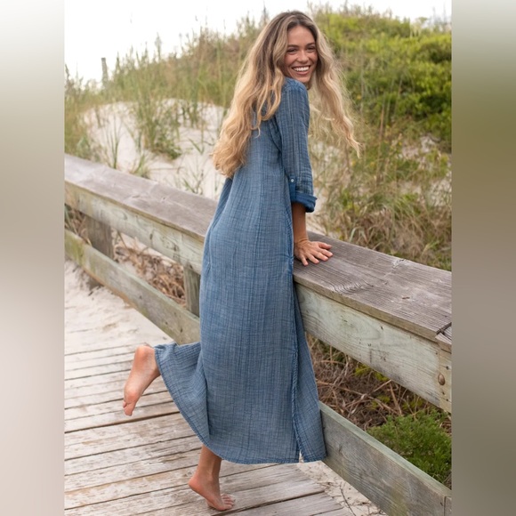 NATURAL LIFE Denim Blue Cotton Gauzy Shirtdress Tunic NWT Long Rollable Sleeves - Picture 2 of 12